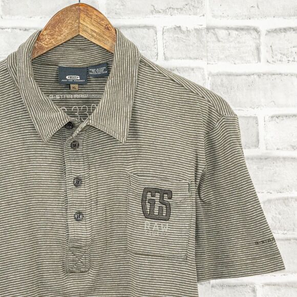 G Star RAW Short Sleeve Polo Shirt Green Striped Cotton XL - Picture 2 of 9